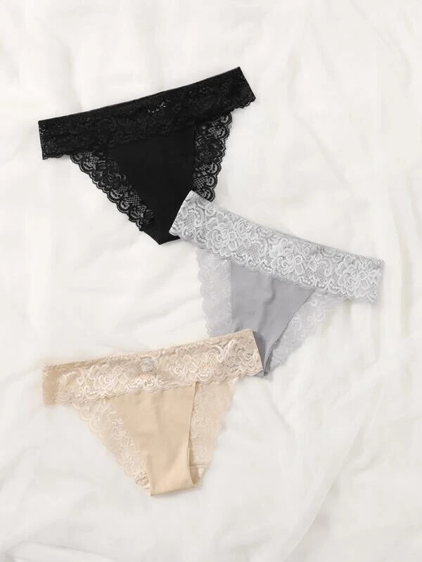 Shein 3pk lace back bikini panties S M black/gray/tan nip