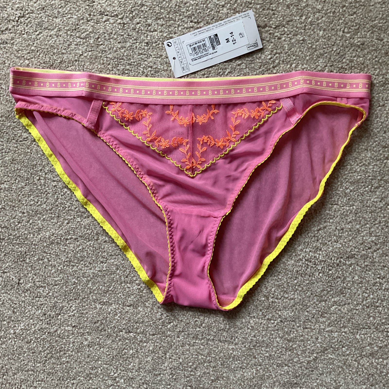 M&S 2 x MEDIUM 12-14 Boutique High Leg Knickers See Through Mesh Shocking Pink M