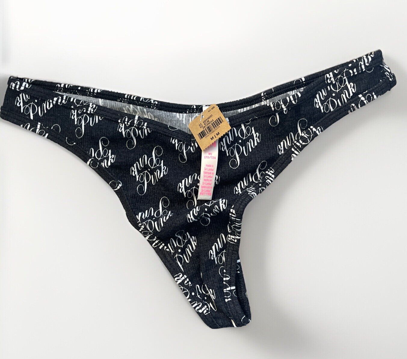 Victoria’s Secret PINK Thong String V-Cut Rib Pure Black Script Small NEW