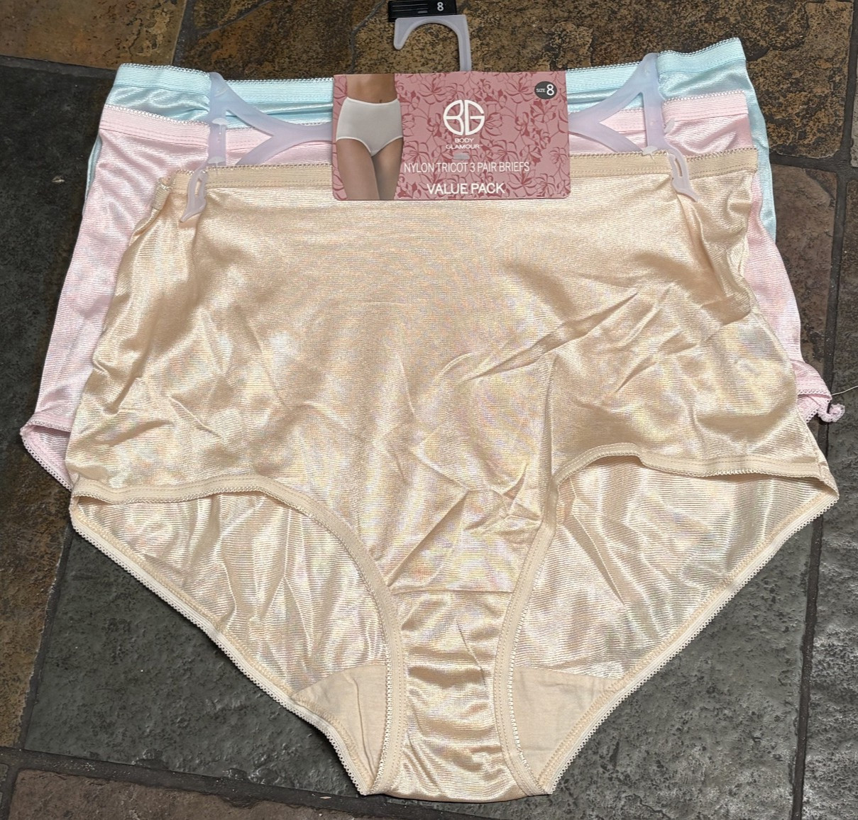 BODY GLAMOUR 8/XL Set of 3 Pink Blue Tricot Semi Sheer SATIN Brief Panties NWT