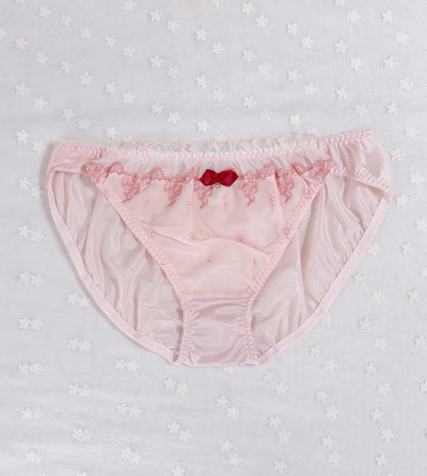 US-L/JP-4L Japanese Cute Bow Embroidery Glossy Smooth Tricot Nylon Panties Pink