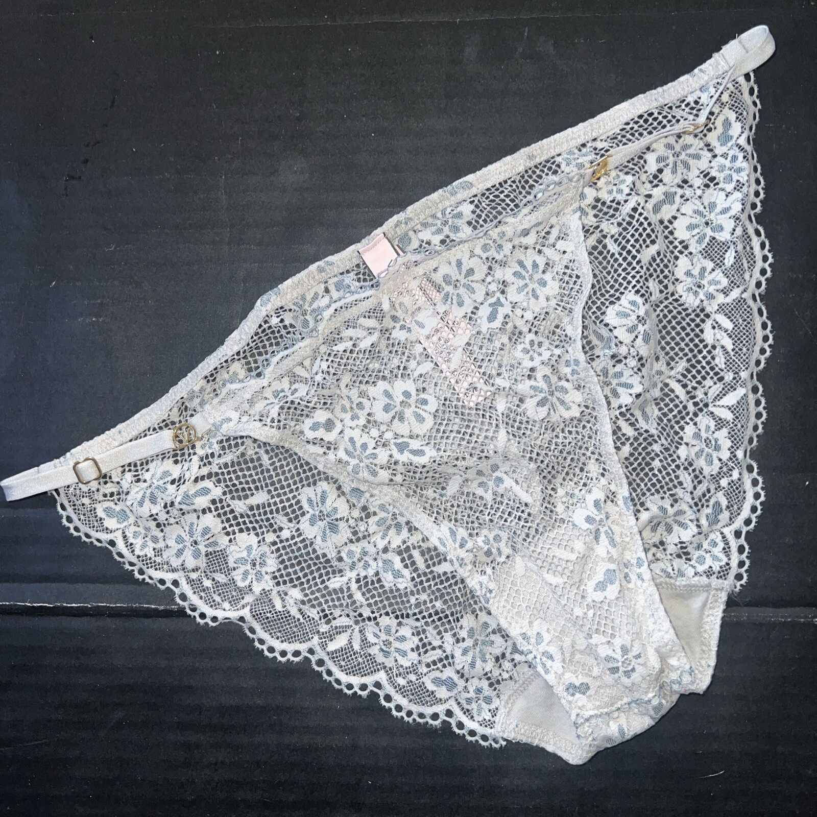 NWT Victoria’s Secret L string panty bikini GRAY BLUE lace Floral LOVE CLOUD
