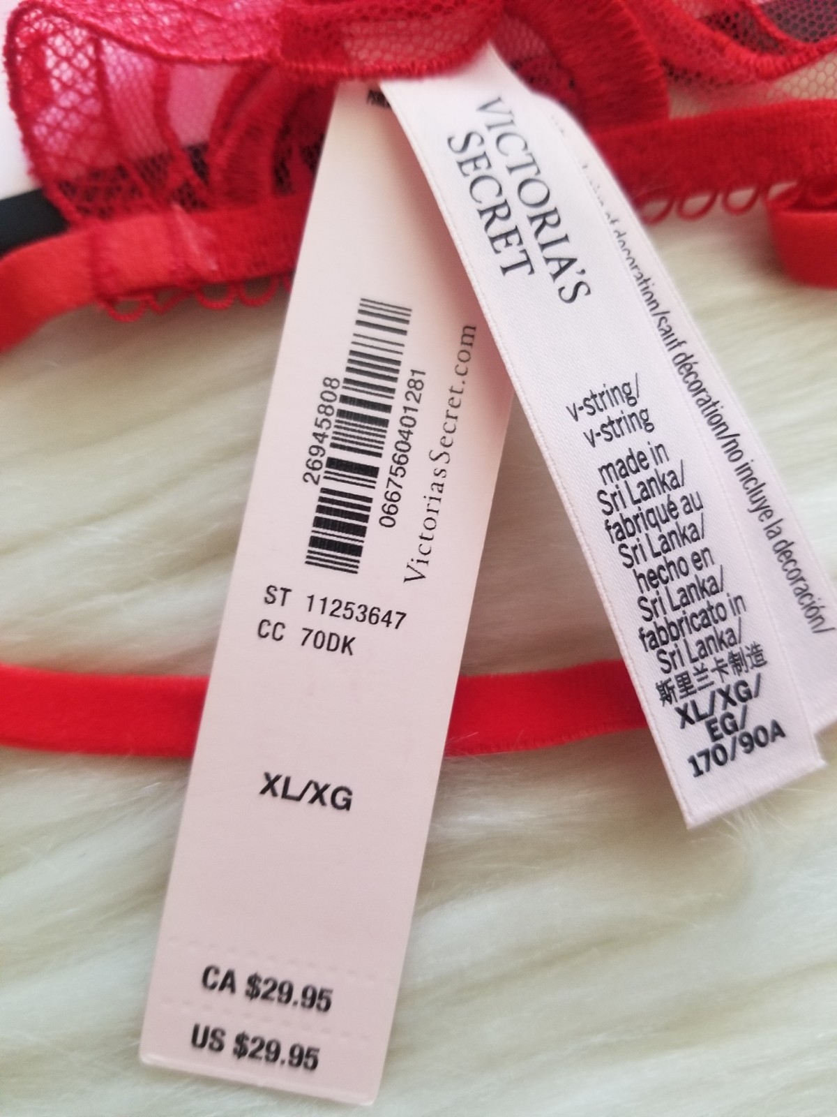 VICTORIA’S SECRET V-STRING THONG PANTY XL VERMILLION RED BOW EMBROIDERY NWT