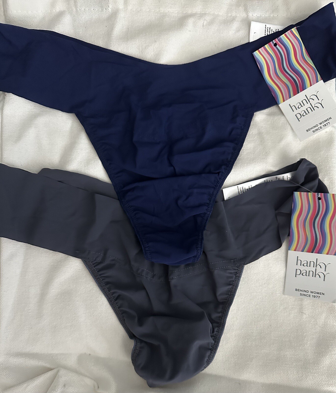 2 Hanky Panky 6J1661B Women’s L Large Soft Breathe Natural Rise Thong Grey Blue