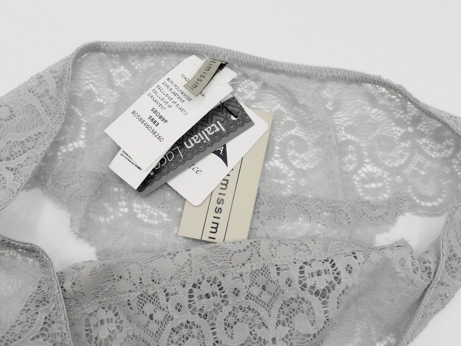 Intimissimi Floral Lace Cheeky Thong Panties in Light Gray Sz: L New w/Tags
