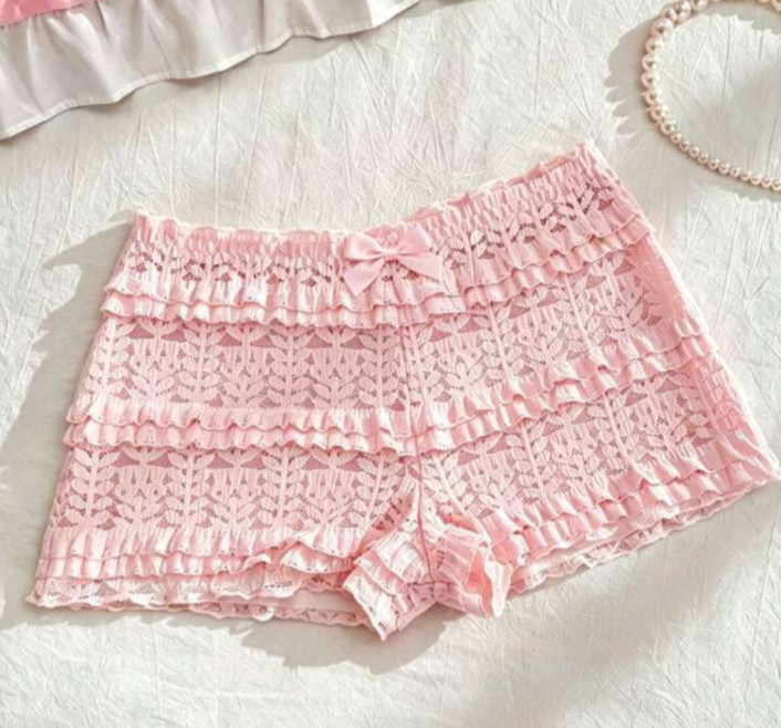 Women’s Kawaii Sweet Pink Lace Ruffle Floral Cut-Out Boyshort Panty size XL