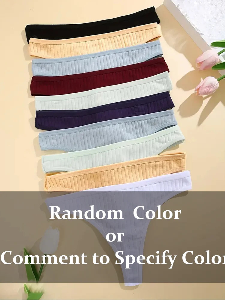 Low Rise Cotton Thong Panties Ribbed Stretch Breathable Soft Comfortable 6PCS