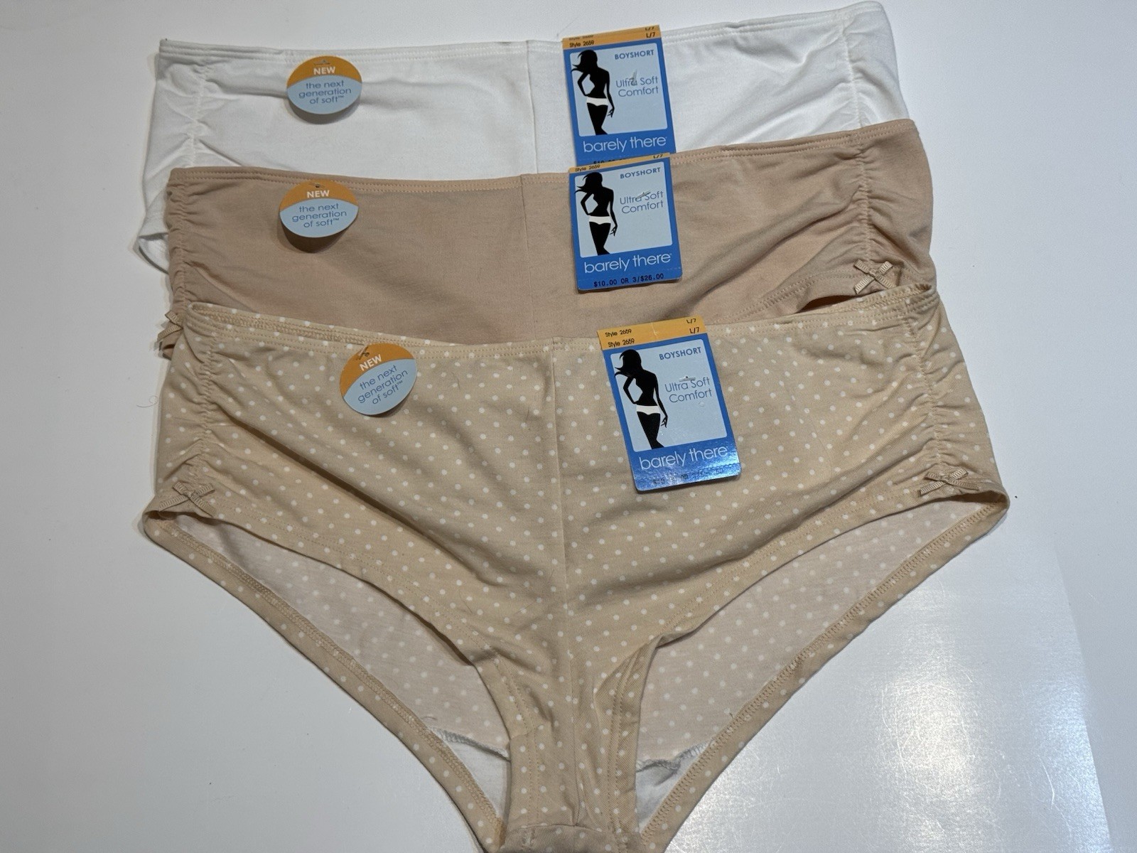 NWT 3 Pairs Barely There Ultra Soft Boyshort Panties Style 2659 Size L/7