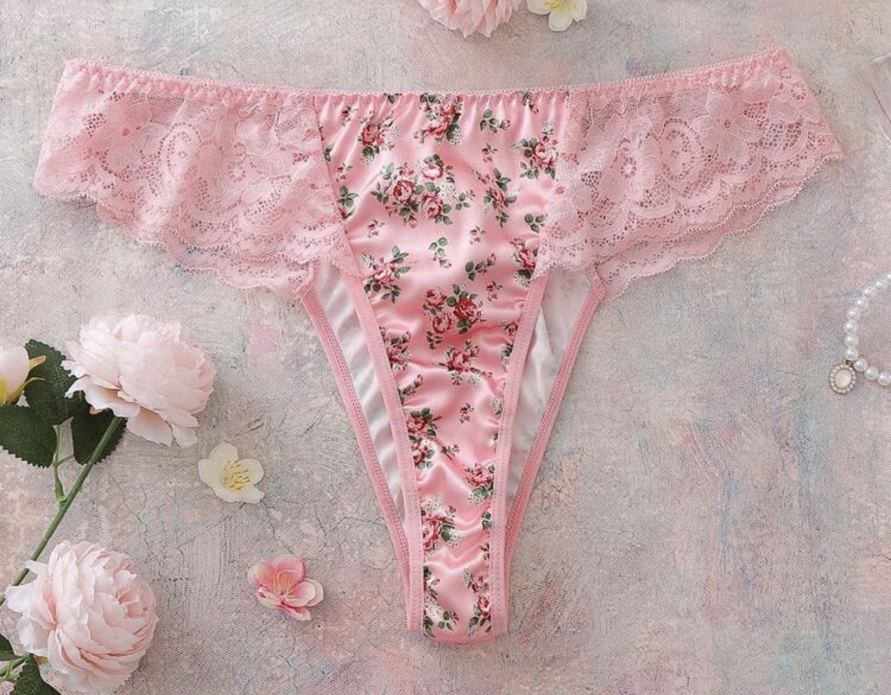 New 4X 4XL Shiny Pink Floral Satin & Scalloped Edge Lace Sides Bikini Panties