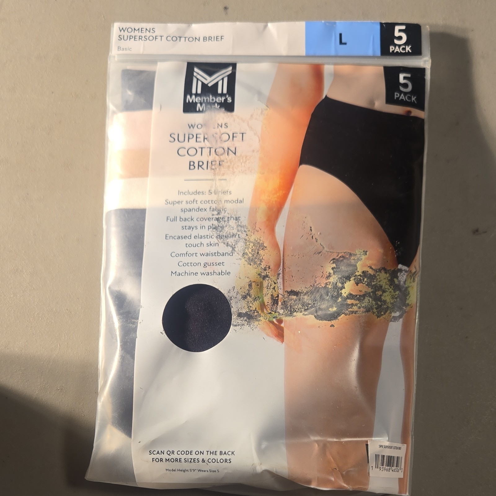 Member’s Mark Supersoft Cotton Brief Panties Women’s L Black 5-Pack Stretch