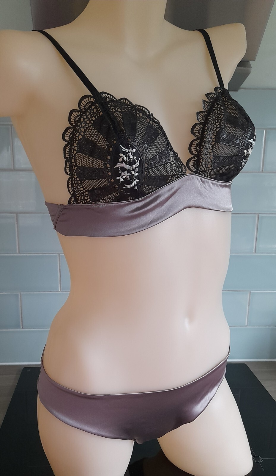 Madame V Steel OPIUM Silk Sheer Mini Knicker Brief With Black Lace Panel