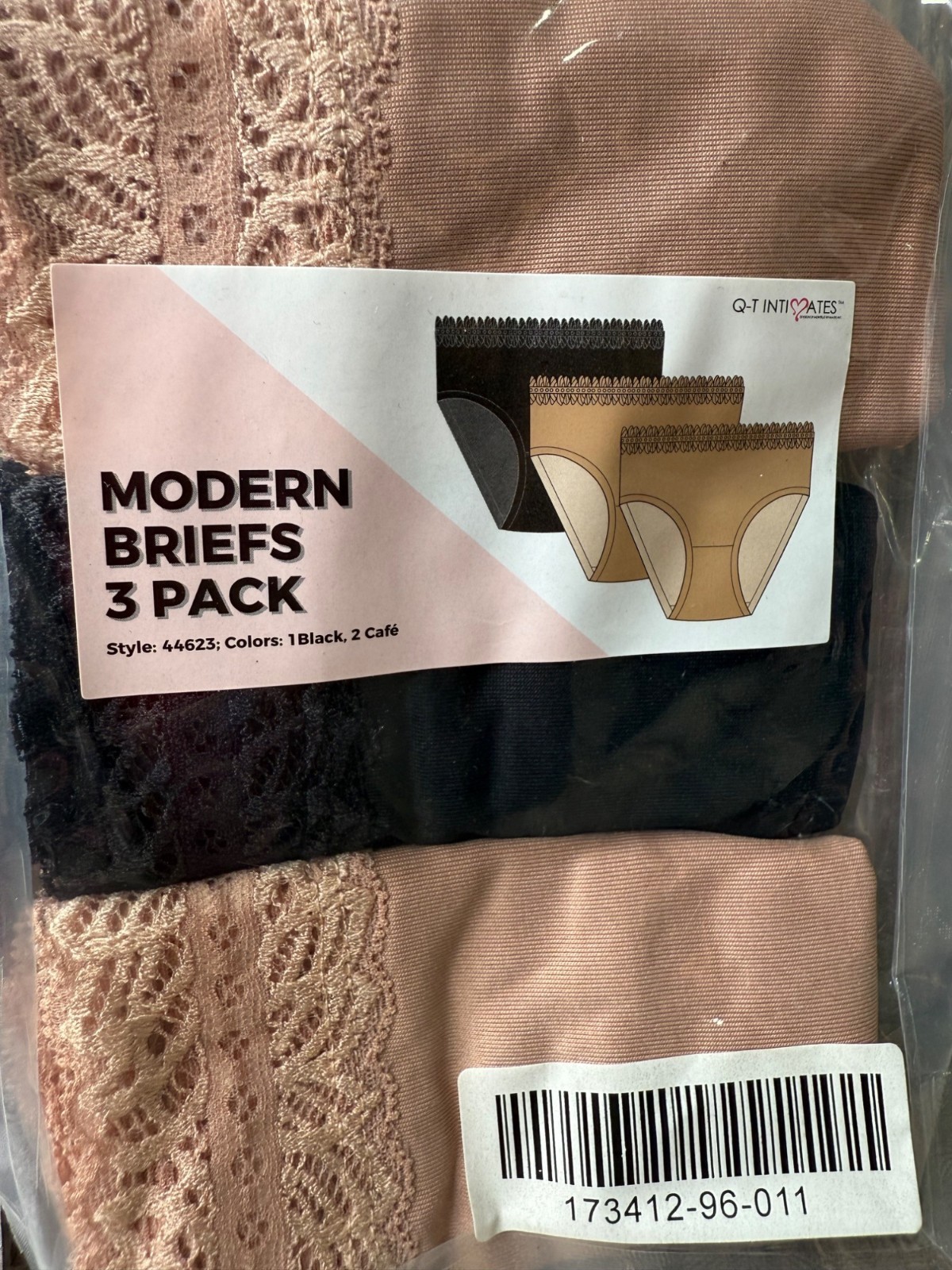 Q-T Intimates Womens Modern Briefs 3-Pack Lace Trim Style A4623 Black & Café