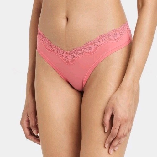 Women’s Luxe Stretch Thong Underwear Lace Waistband Auden’ Coral Size Small