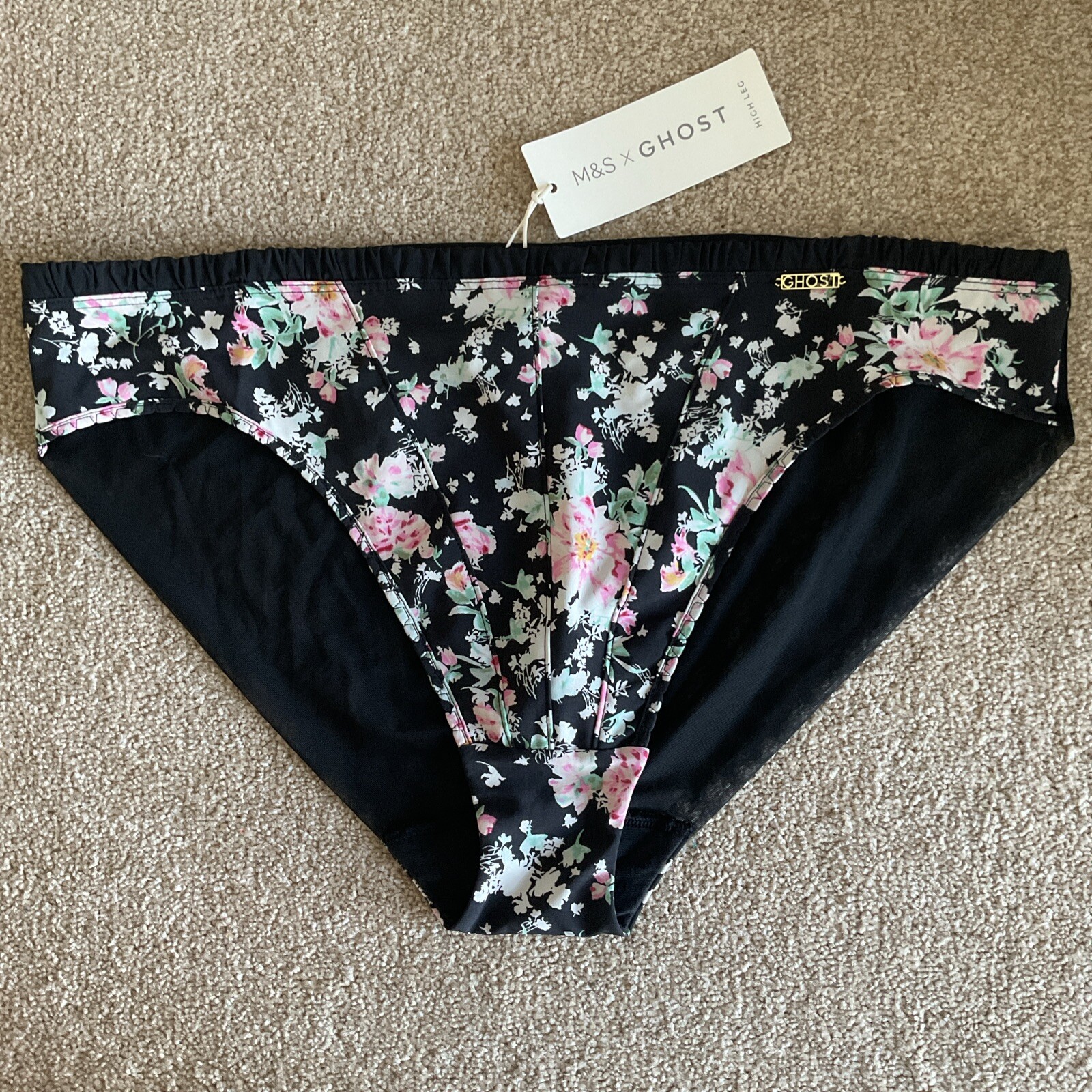M&S Size 14 X Ghost Pretty High Leg Knickers Black Mix Pink Floral Soft