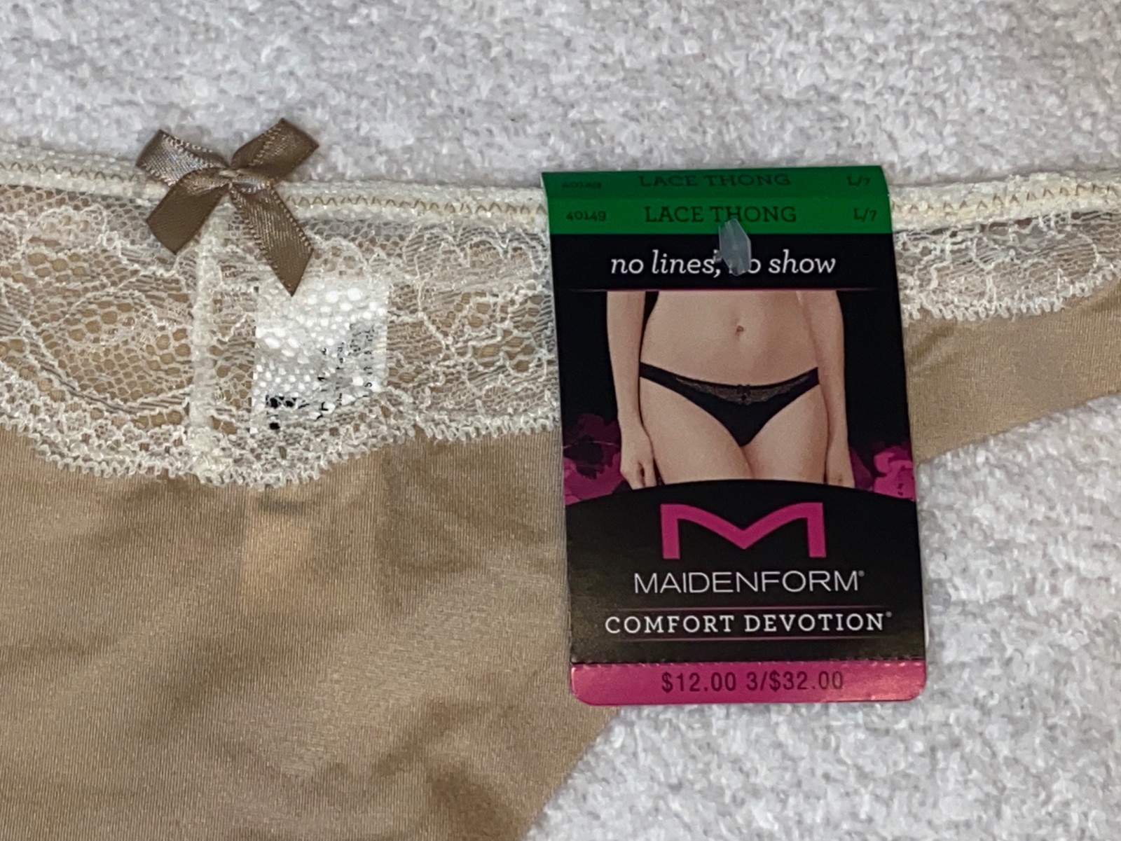 MAIDENFORM Comfort Devotion Tailored Nude Lace Thong Panty Womens M 6 L 7 XL 8