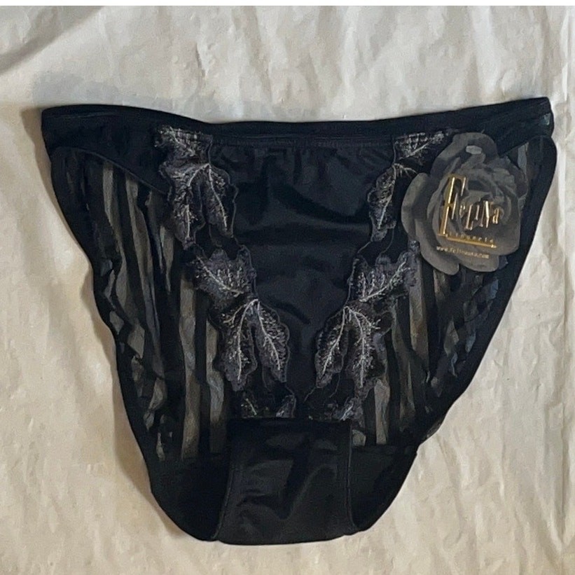 VINTAGE Felina Black Stripes Flocked Hi-Cut Leaf Bikini 1990s Y2K Panty Size S