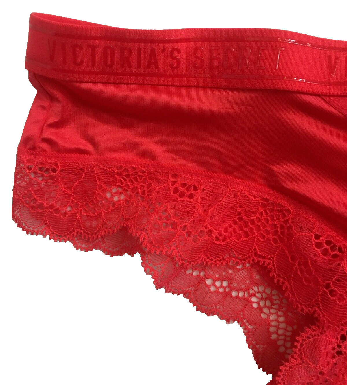 Victorias Secret Cherry Red Cheeky Panty Size XS Sport Logo Band Silky Lace Trim