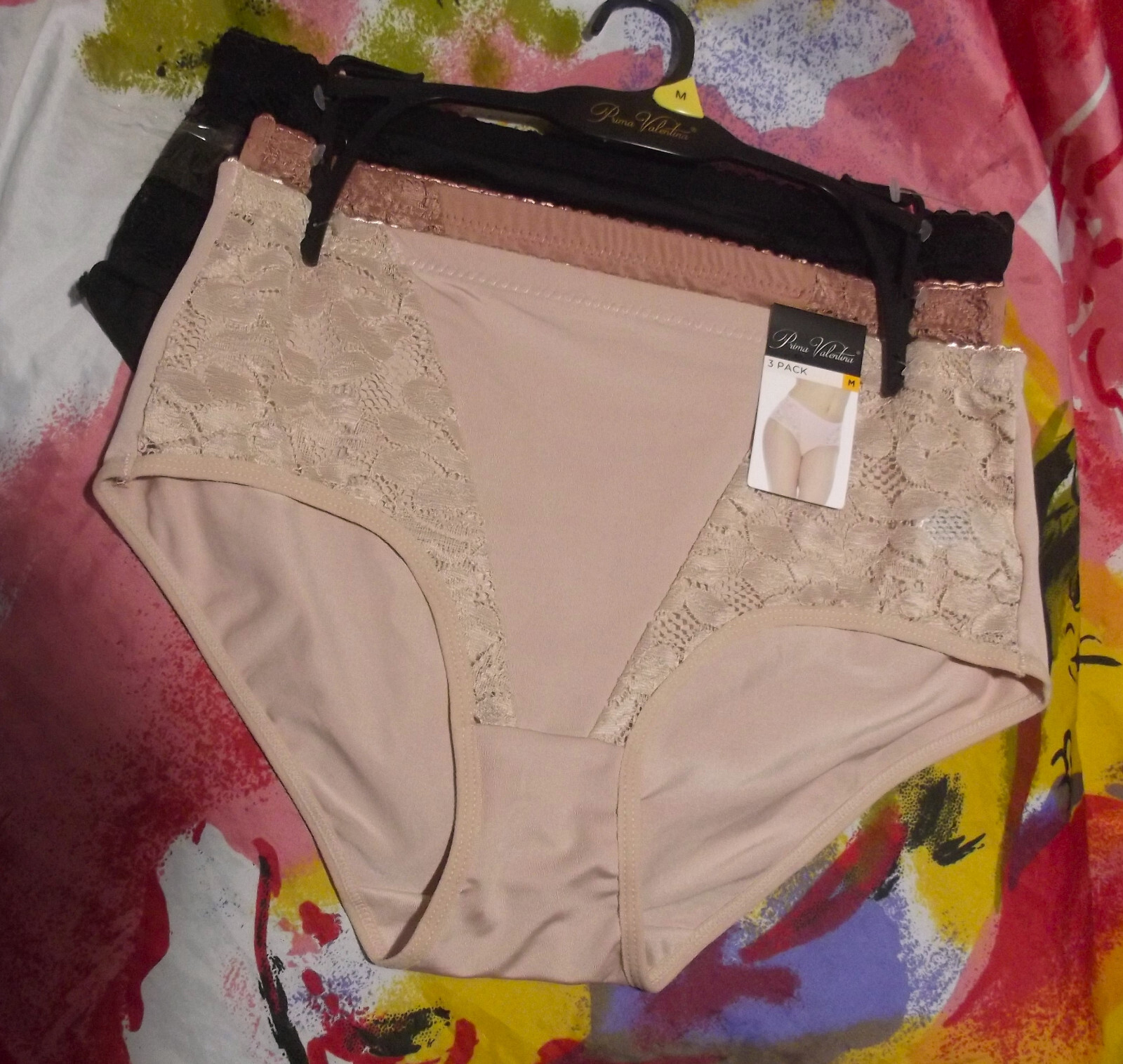3 NEW PRIMA VALENTINA 871079 BG/RS/BK MICROFIBER LACE PANELS BRIEF PANTIES M