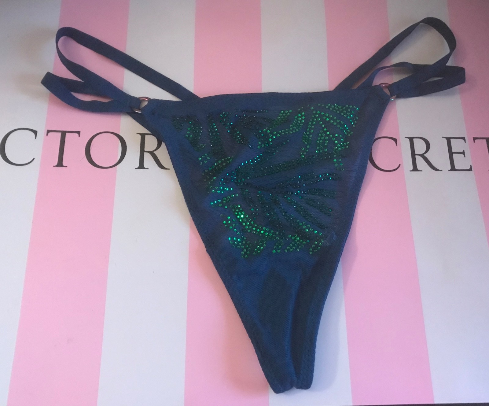 NWT VICTORIA’S SECRET S BLUE GREEN RHINESTONE PALM STRAPPY RARE V STRING PANTIES