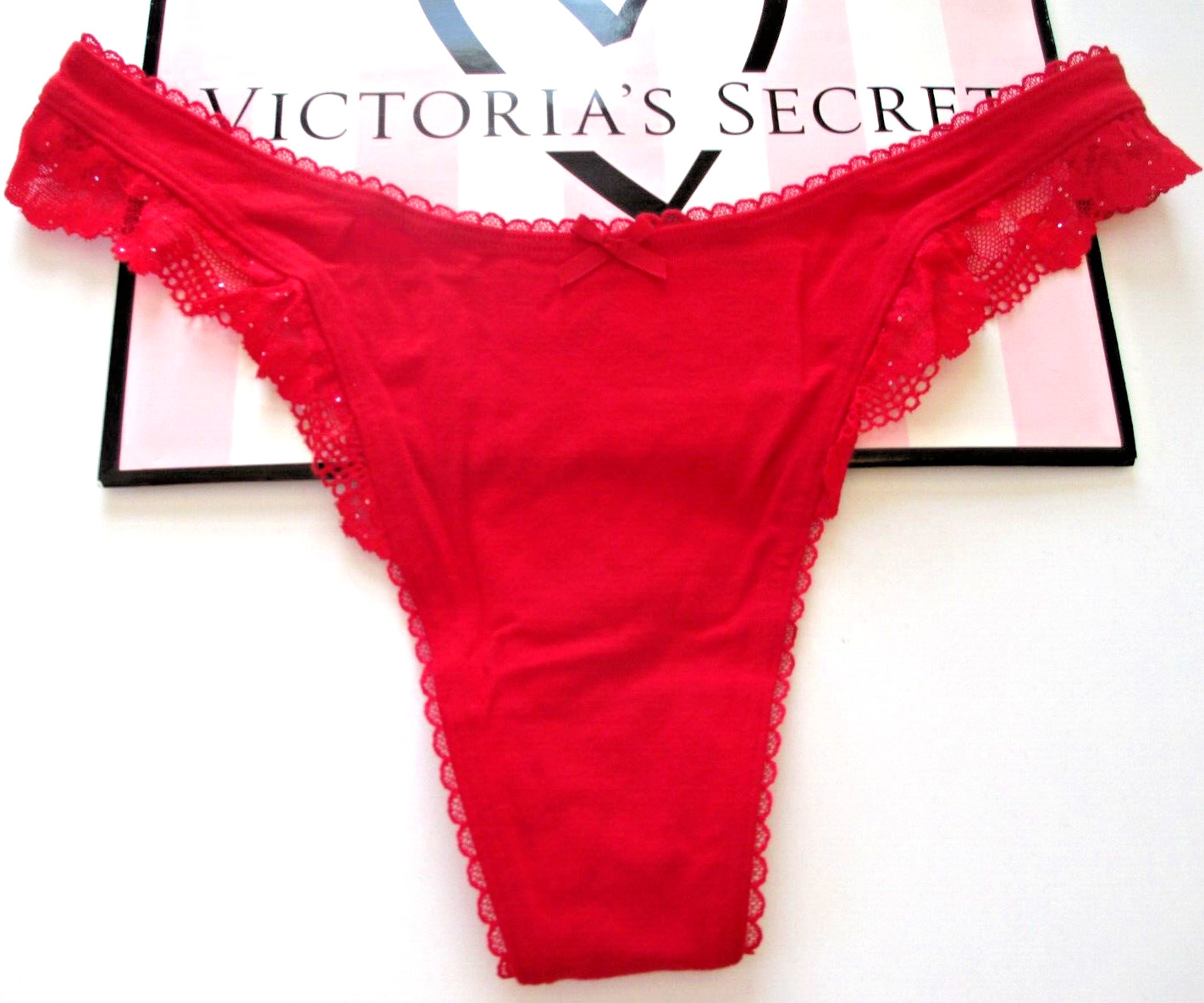 VICTORIA’S SECRET Cotton High Leg Thong Panty M XL Red VS Lace Trim FREE SHIP 4+