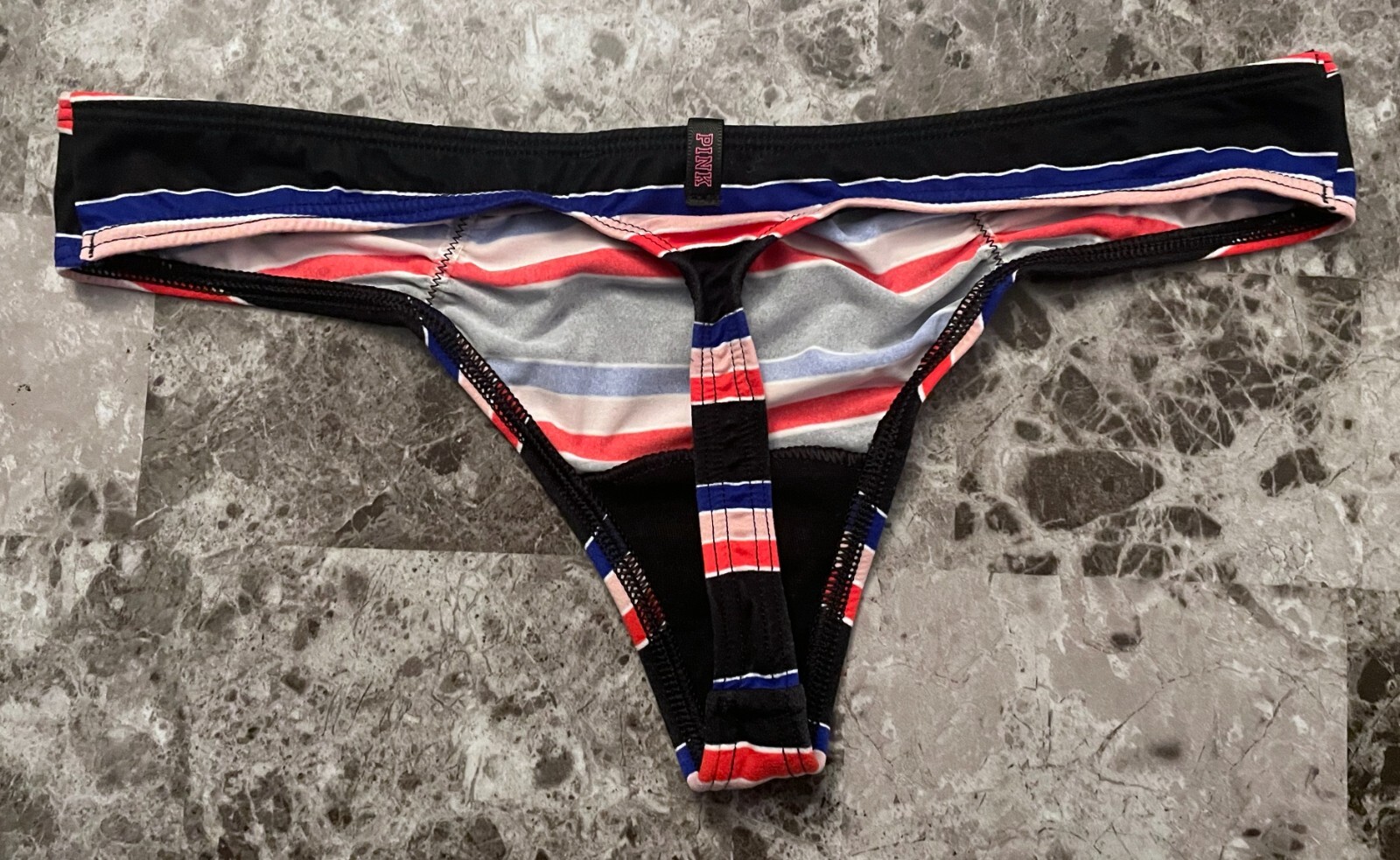 VICTORIA’S SECRET PINK S BLUE BLACK RED STRIPE SMOOTH RUCH RARE THONG PANTIES