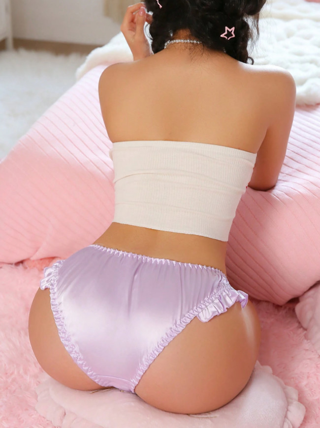 Kawaii Mauve Purple Sissy Knickers Sexy Cute Ruffle Feminine Satin Bikini Panty