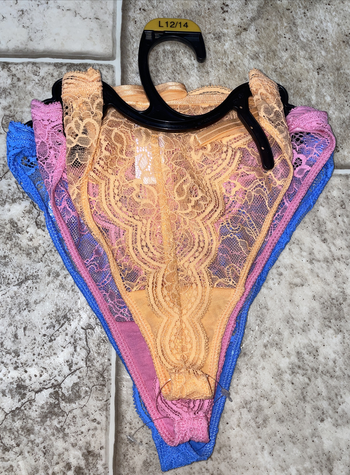 NWT Womens Joyspun Blue Pink Peach 3 Pack Lace Thong Panties Sz Lg 12-14