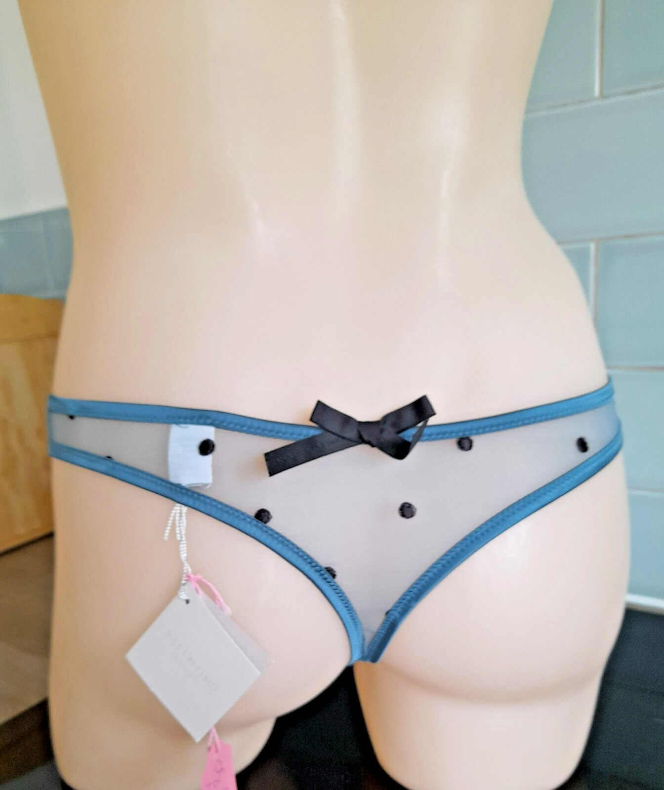 Valentino Intimate Teal Mesh Black Spot Sheer Narrow Sided Thong