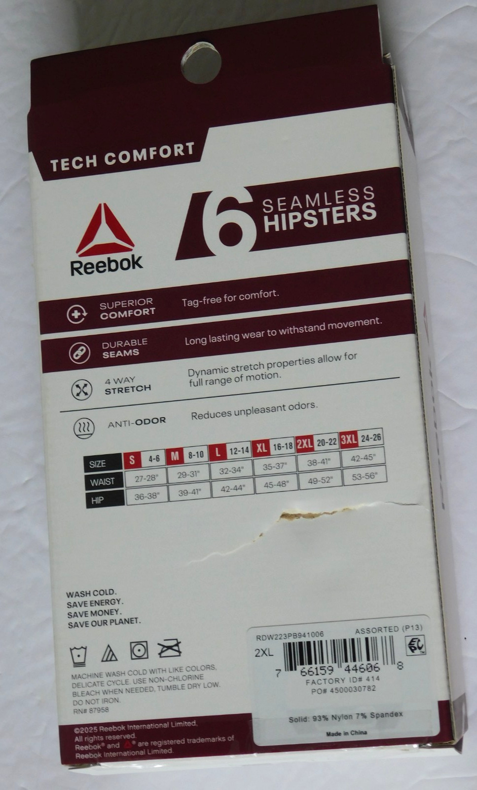 Womens Reebok 2X-Large Hipster Black Panties 6 Pack 2XL 4 Way Stretch