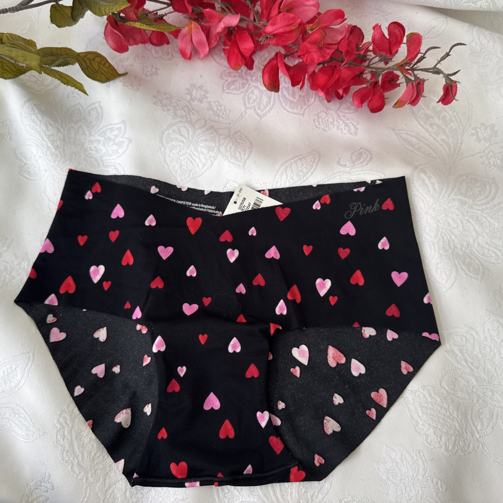 PINK VICTORIA’S SECRET XS BLACK PINK RED HEARTS HIPSTER HIPHUGGER PANTIES NWT
