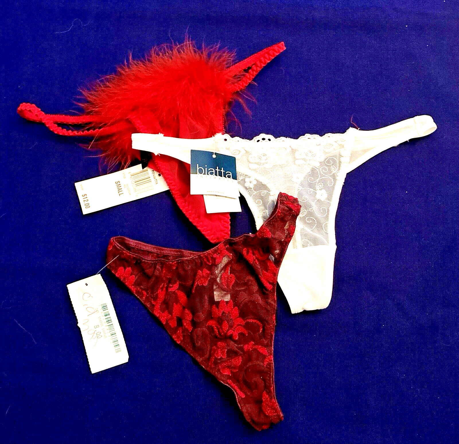G-String Thong lot sz S Biatta Maidenform Morgan Taylor boa sheer red white