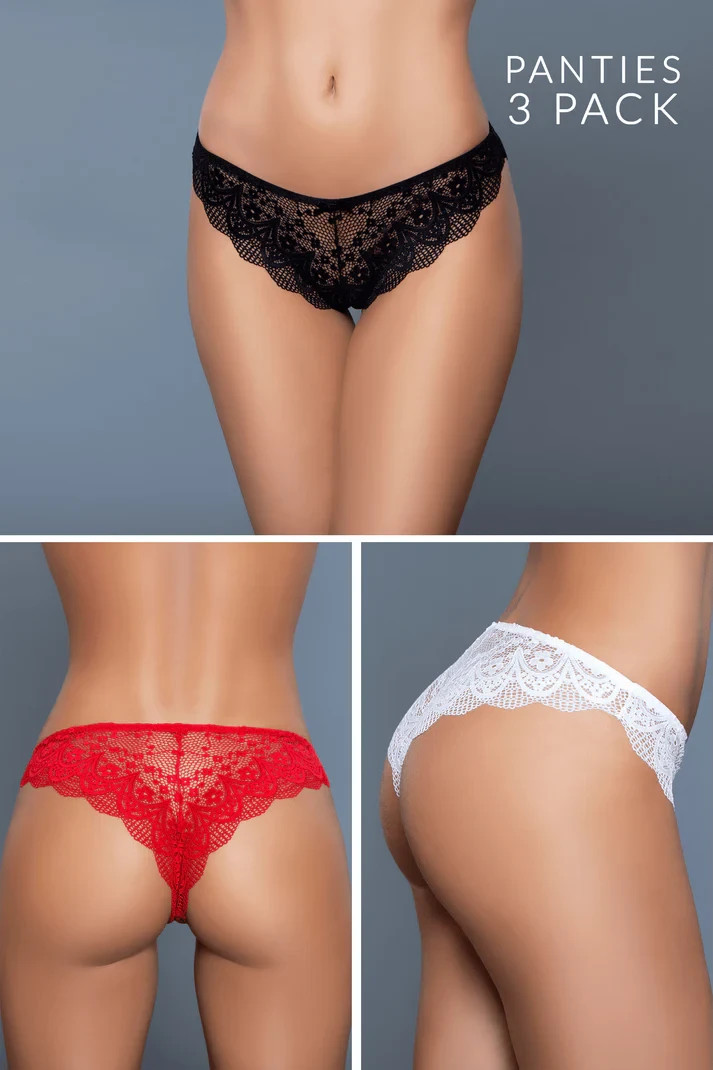 Brazilian Lace Large Panties Black Red White 3-Pack Be Wicked Scalloped Trim