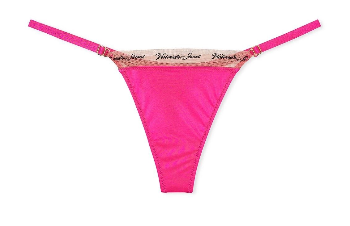 Victorias Secret Logo Embroidery Waist Pink Thong Panty Size L Silky Adjustable