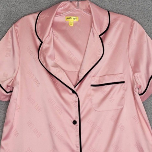 Shady Lady Top Womens Pajama Sleepwear Pink Button Silky Logo Collared XS New