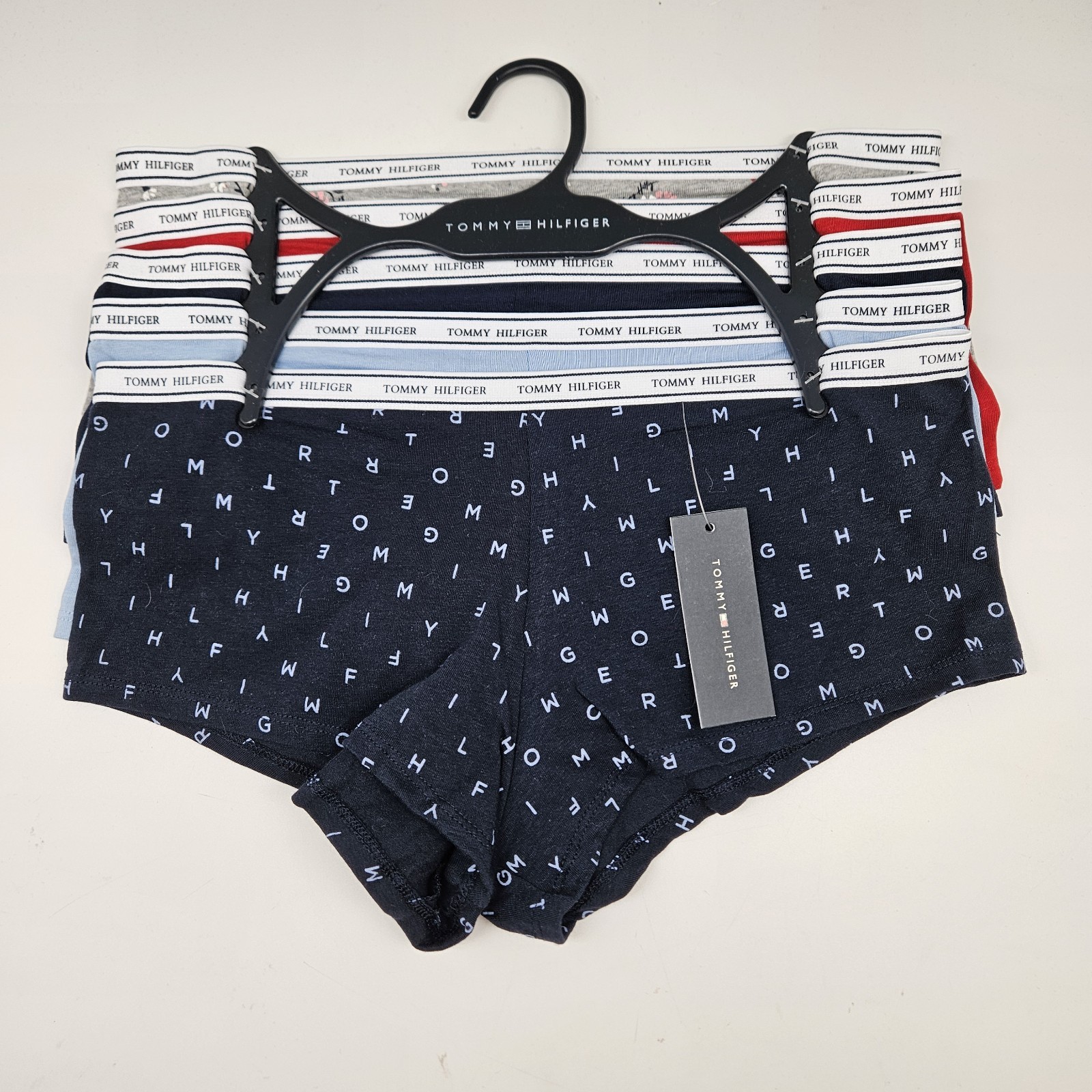 TOMMY HILFIGER 5 Pack Womens M L XL Logo Cotton Boy Shorts Panties Gray Red Blue