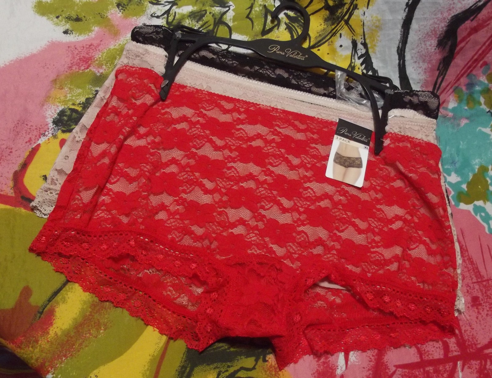 3 NEW PRIMA VALENTINA 848388 RD/BG/BK ALL LACE BOYSHORT PANTIES XL