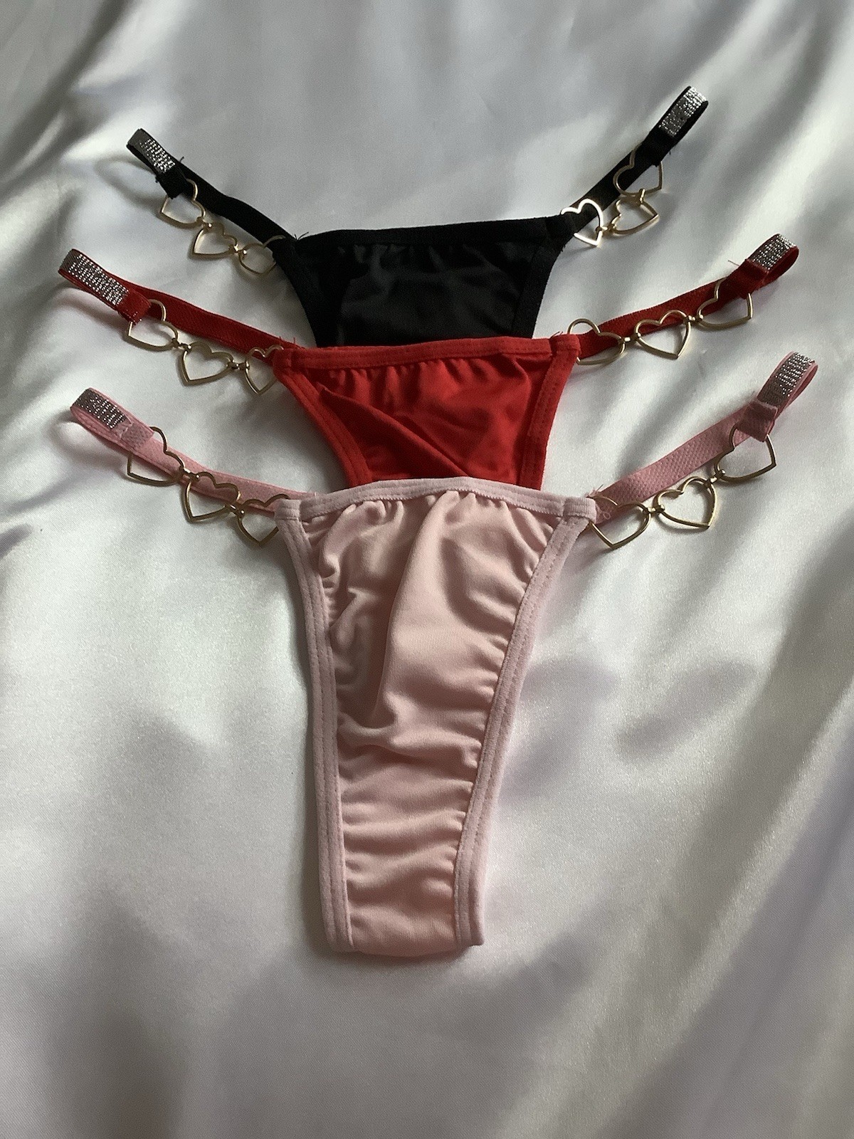 Women’s Satin Thong Panties Heart Charm Strap Red, Pink, Black 3pk Small