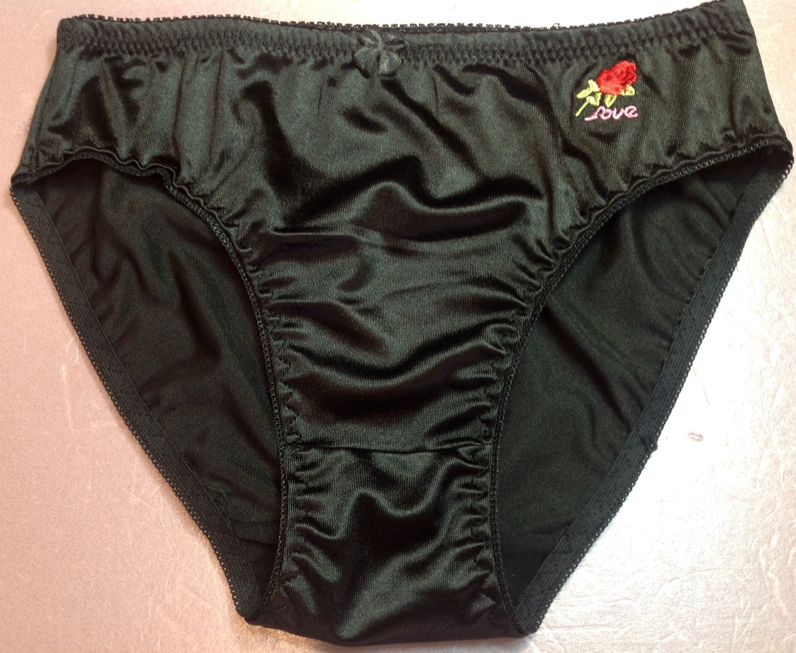 Women Panties Bikinis GRACE Size XL.Black Nylon Satin W/Decoration Elastic
