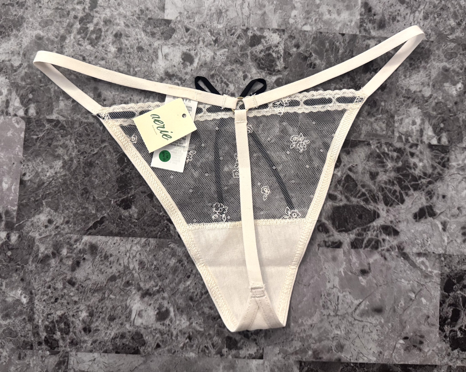 NWT AERIE AMERICAN EAGLE EMBROIDERED IVORY FLORAL NETTED LACE V STRING PANTIES