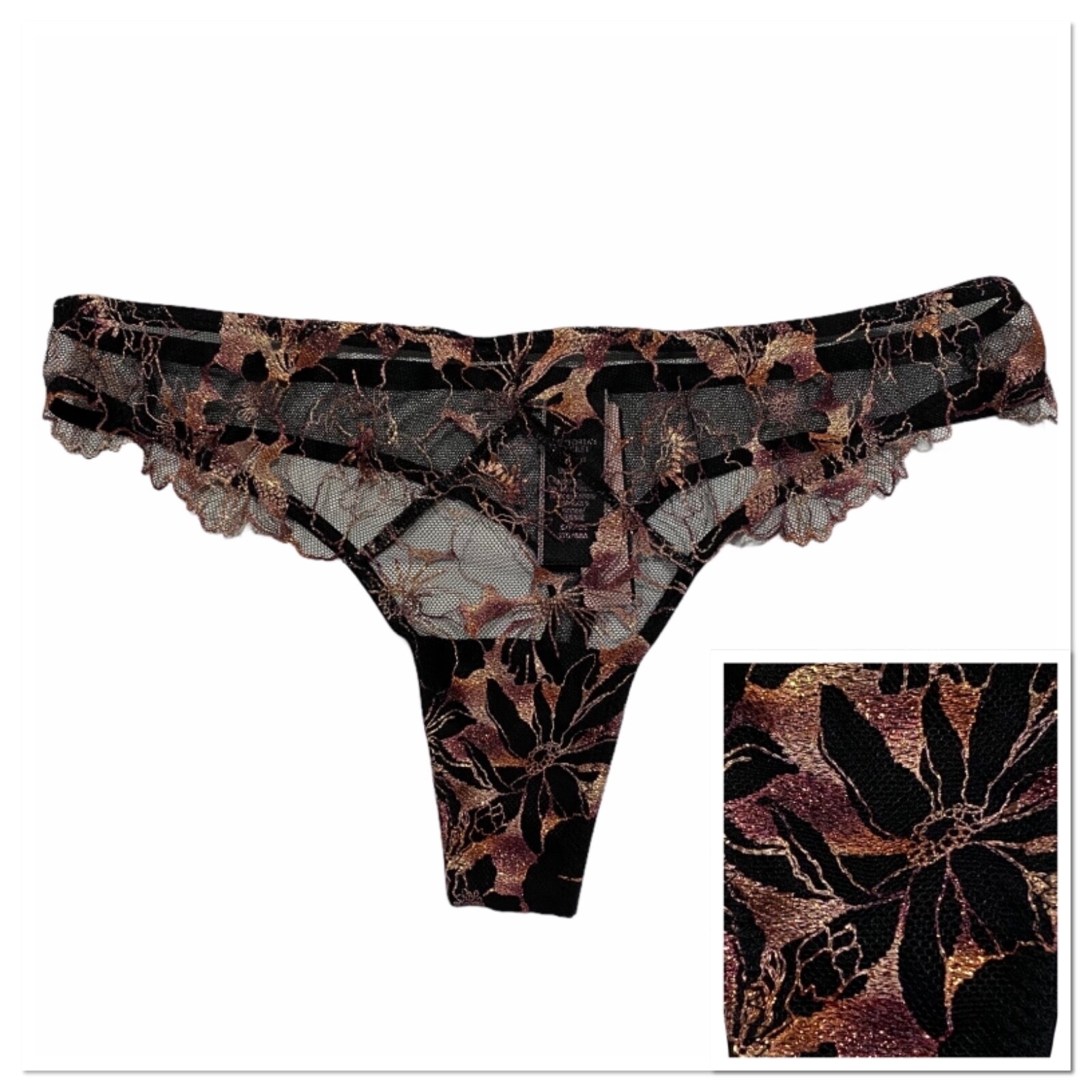 NWT VICTORIA’S SECRET Very Sexy Thong Sz S-M-L Black Mesh Lace Metallic Floral