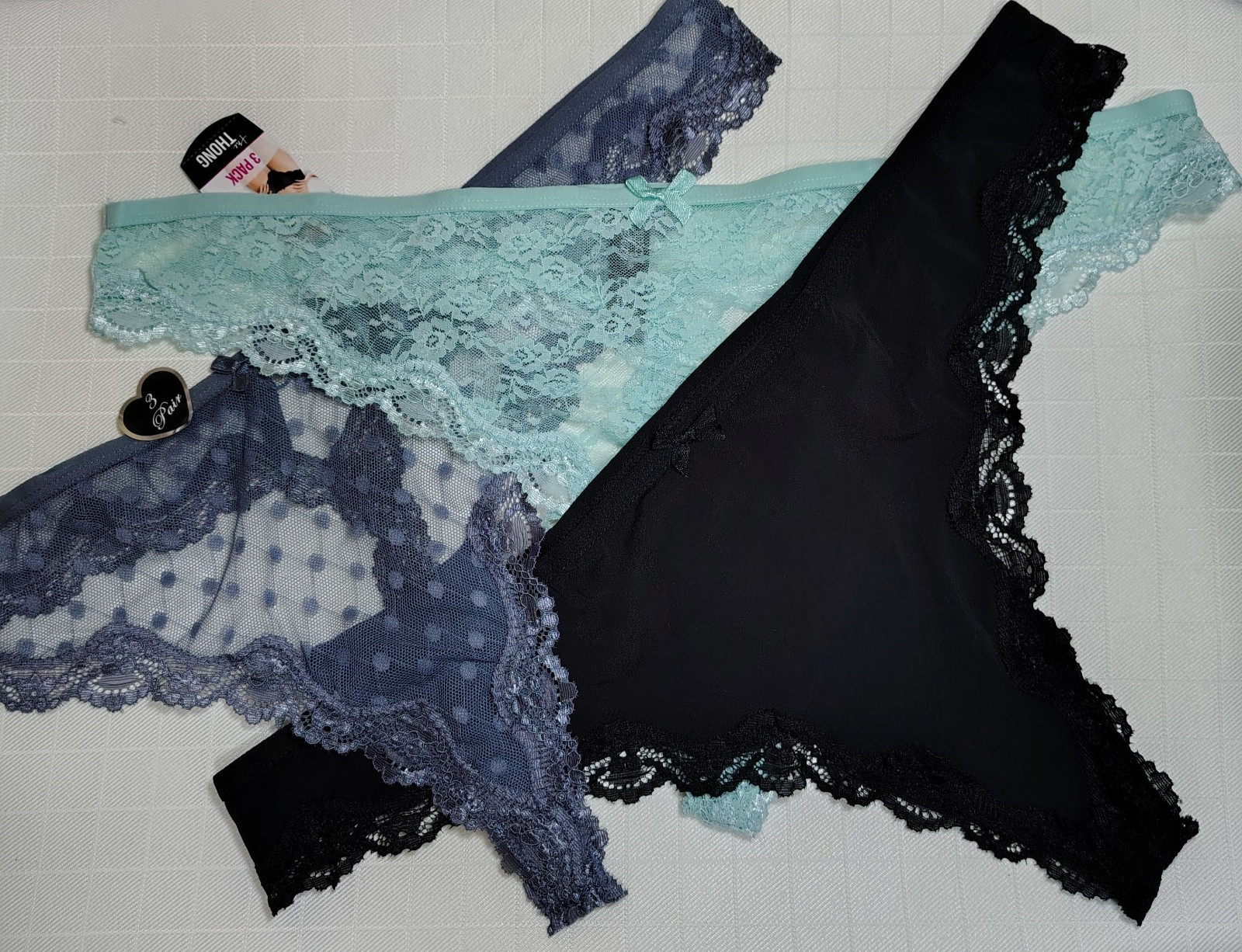 Womens Panties Size XXXL/10 Thong Smart Sexy 3) Pack Black Mint Steel Blue Lace