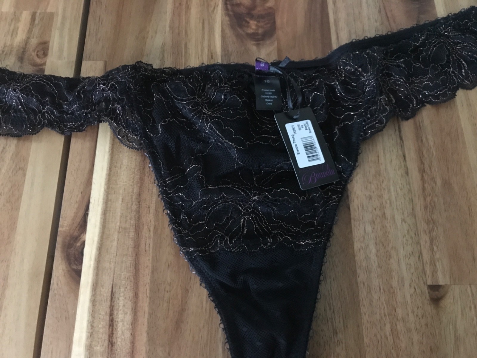 Figleaves black gold semi sheer THONG uk 8 sheer back new