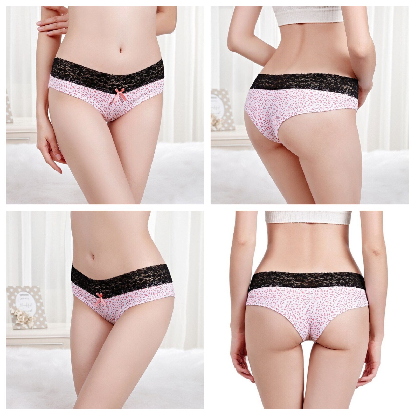 Cute Leopard Print Cheeky Panties, Lace Waistband & Satin Bow In 3 Color Choices