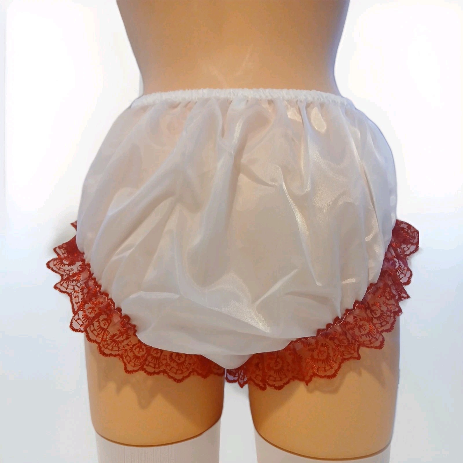 White Nylon Knickers With Red Lace Beautifully Handmade, Small to 3XL Unisex