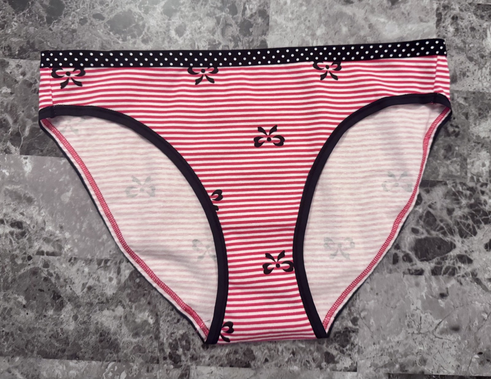 NWT VICTORIA’S SECRET S RED WHITE STRIPE BLACK POLKA DOT BOW RARE BIKINI PANTIES