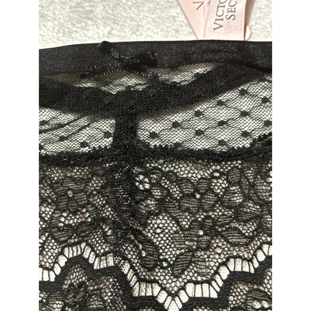 NWT Black Floral Lace & Mesh Thong Panty – Strappy Detail – Size L