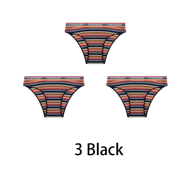 3PCS/Set Women’s Cotton Half Hip Panties – Rainbow Striped Low-Waist Briefs