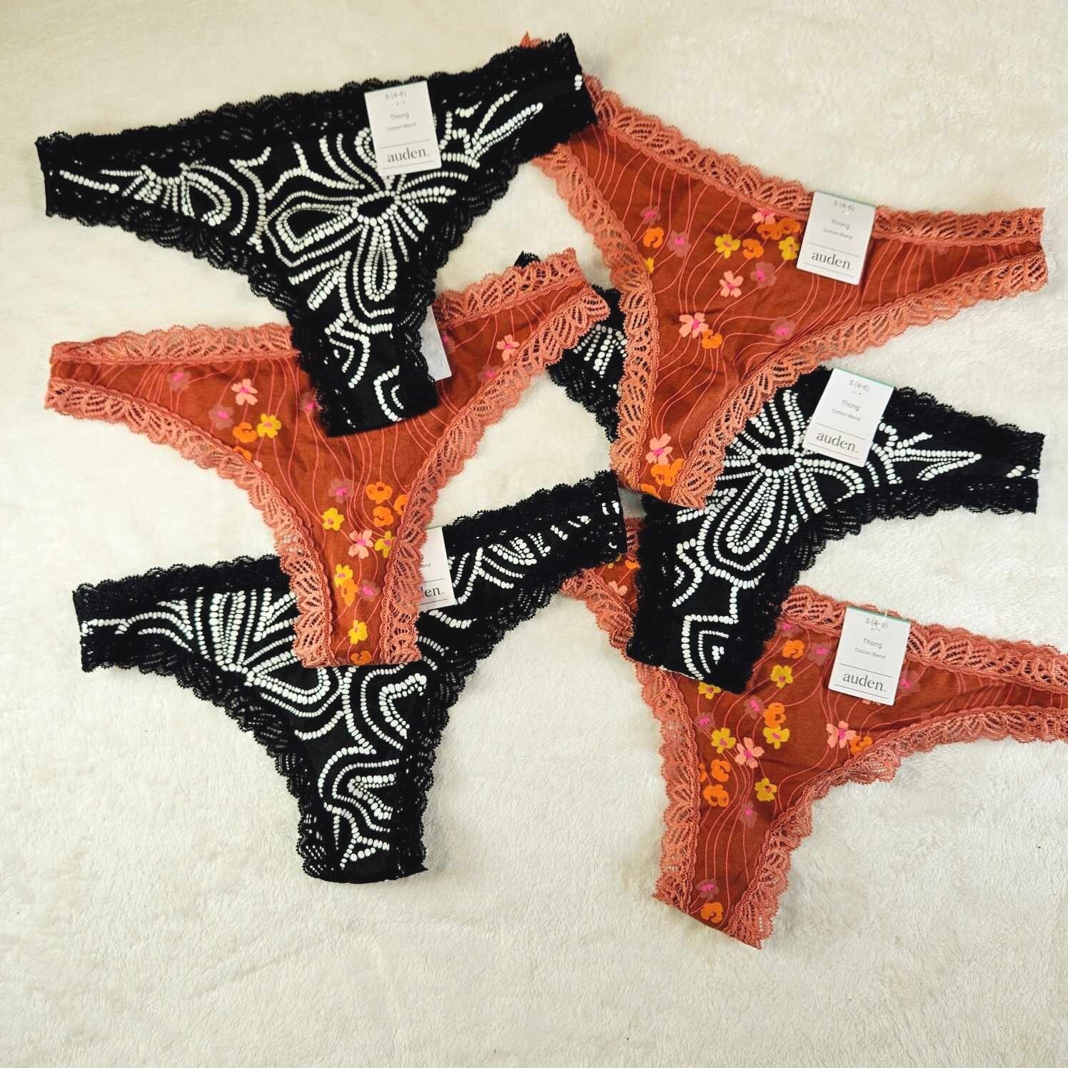 Auden 6pk Lace Trim Cotton Thong Underwear Womens Small Stretch Black/Brown
