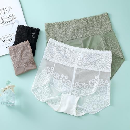 Women High Waisted Lace Underwear Tummy Medium 4 Pack-black,white,khaki,green