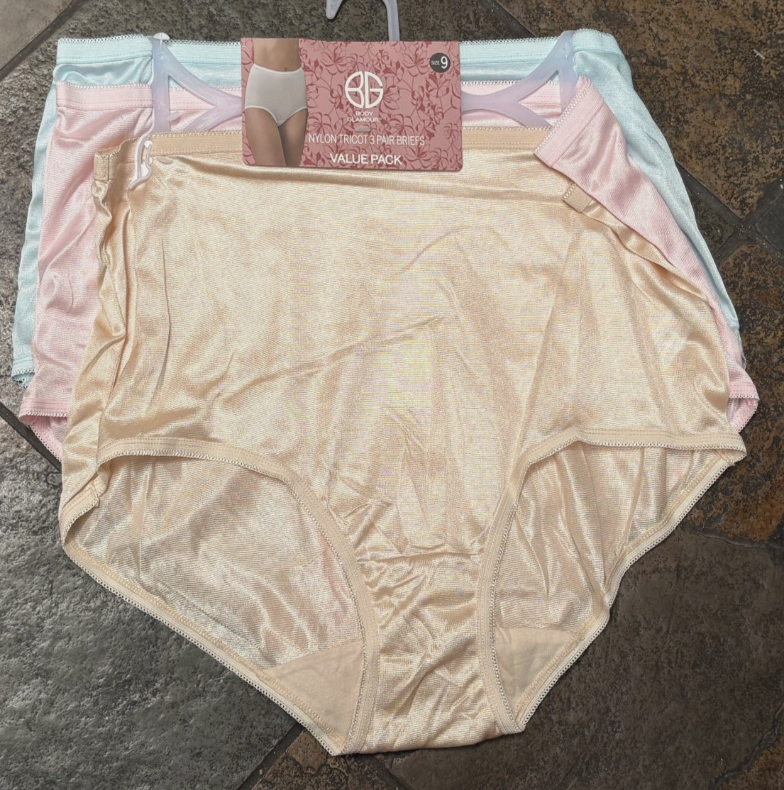 BODY GLAMOUR 9/2XL Set of 3 Pink Blue Tricot Semi Sheer SATIN Brief Panties NWT